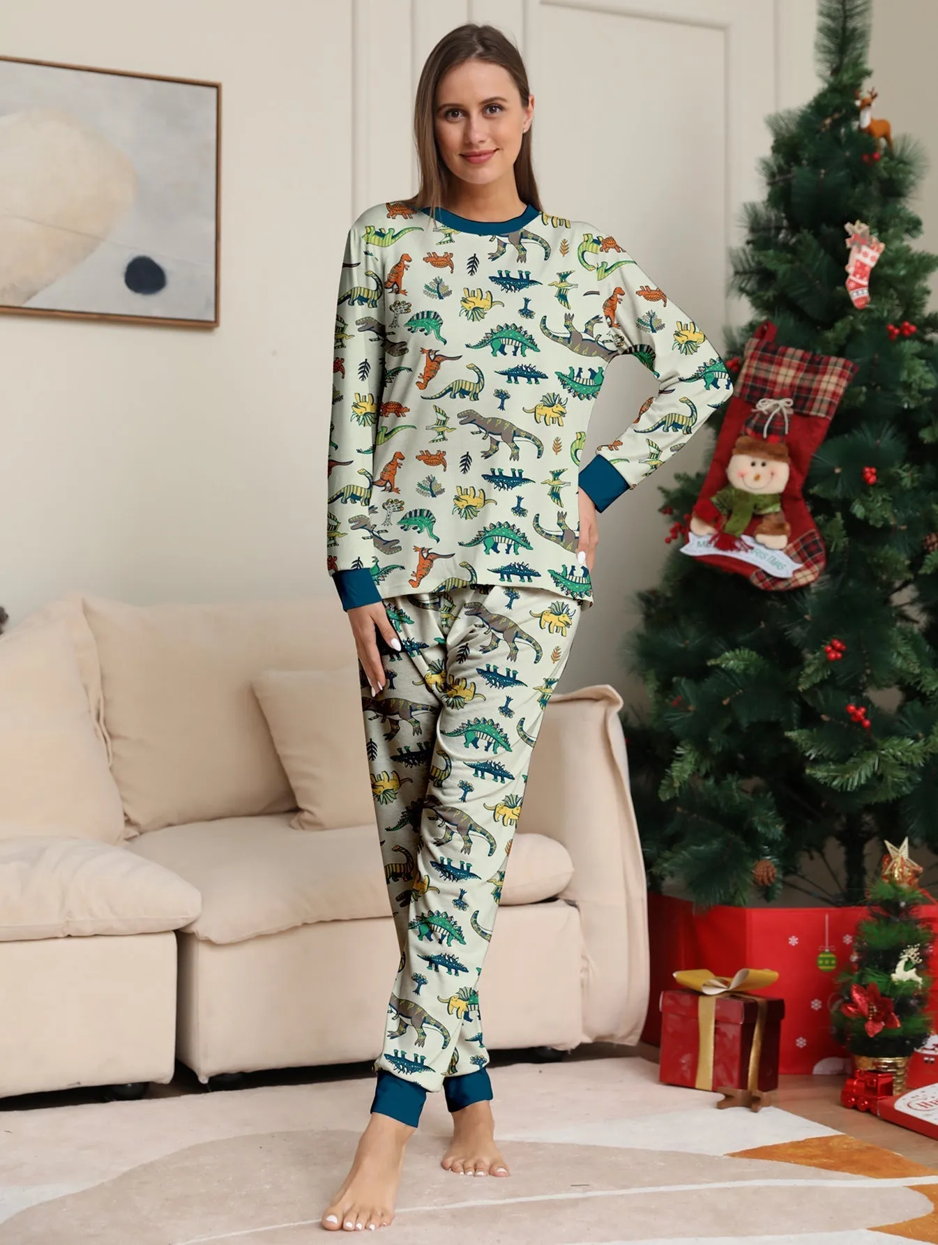 Family Parent-Child Dinosaur Printed Loungewear Pajama Set