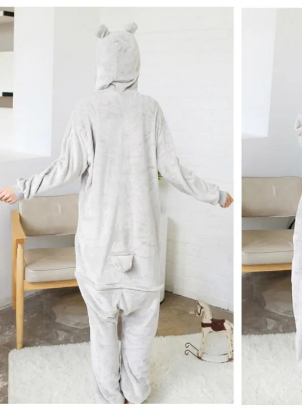 GRAY CARTOON CONJOINED PAJAMAS FLANNEL GREY KOALA ANIMALS