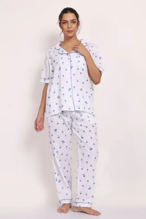 Hamptons Shortsleeve Long PJ Set Navy Palm Print