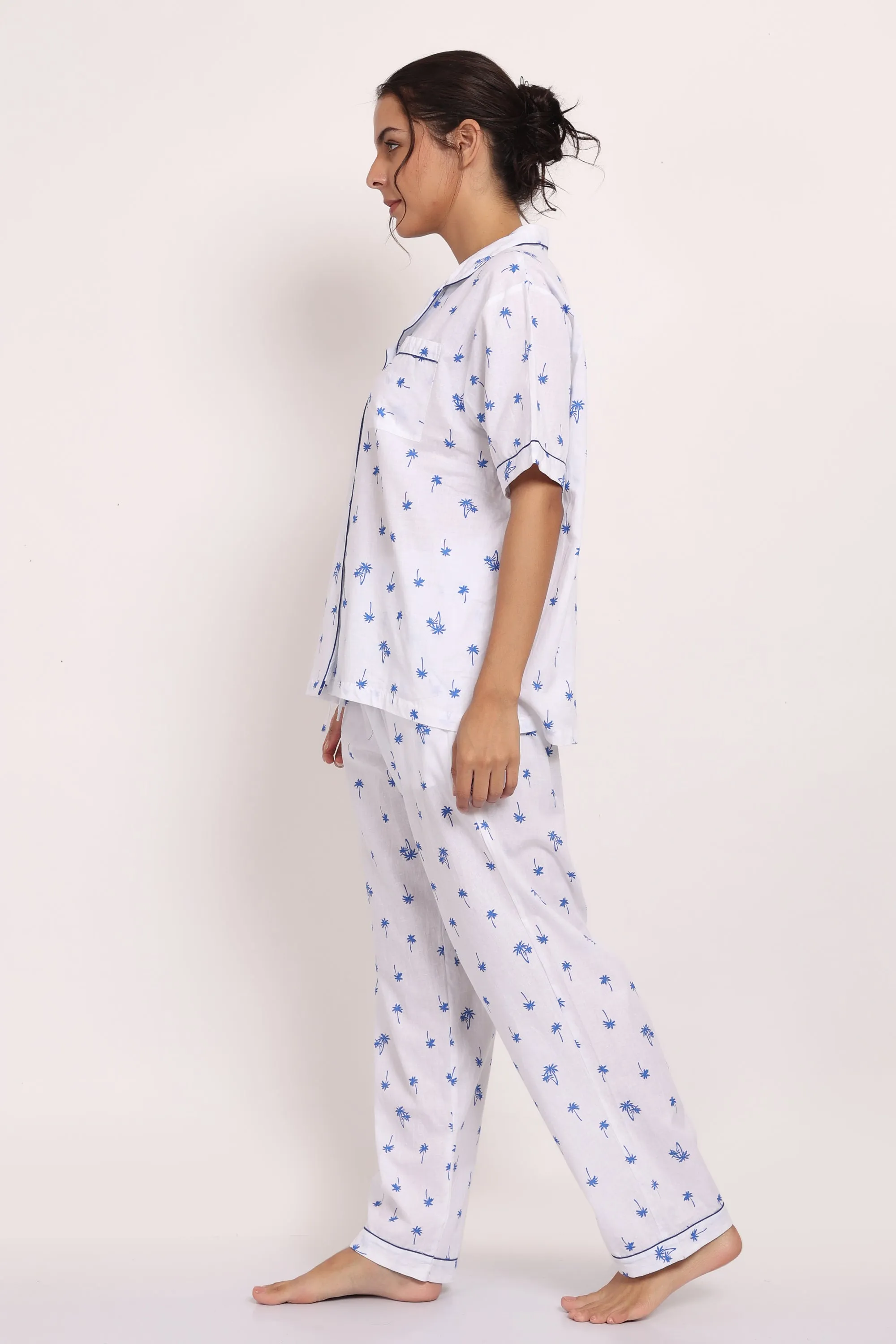 Hamptons Shortsleeve Long PJ Set Navy Palm Print