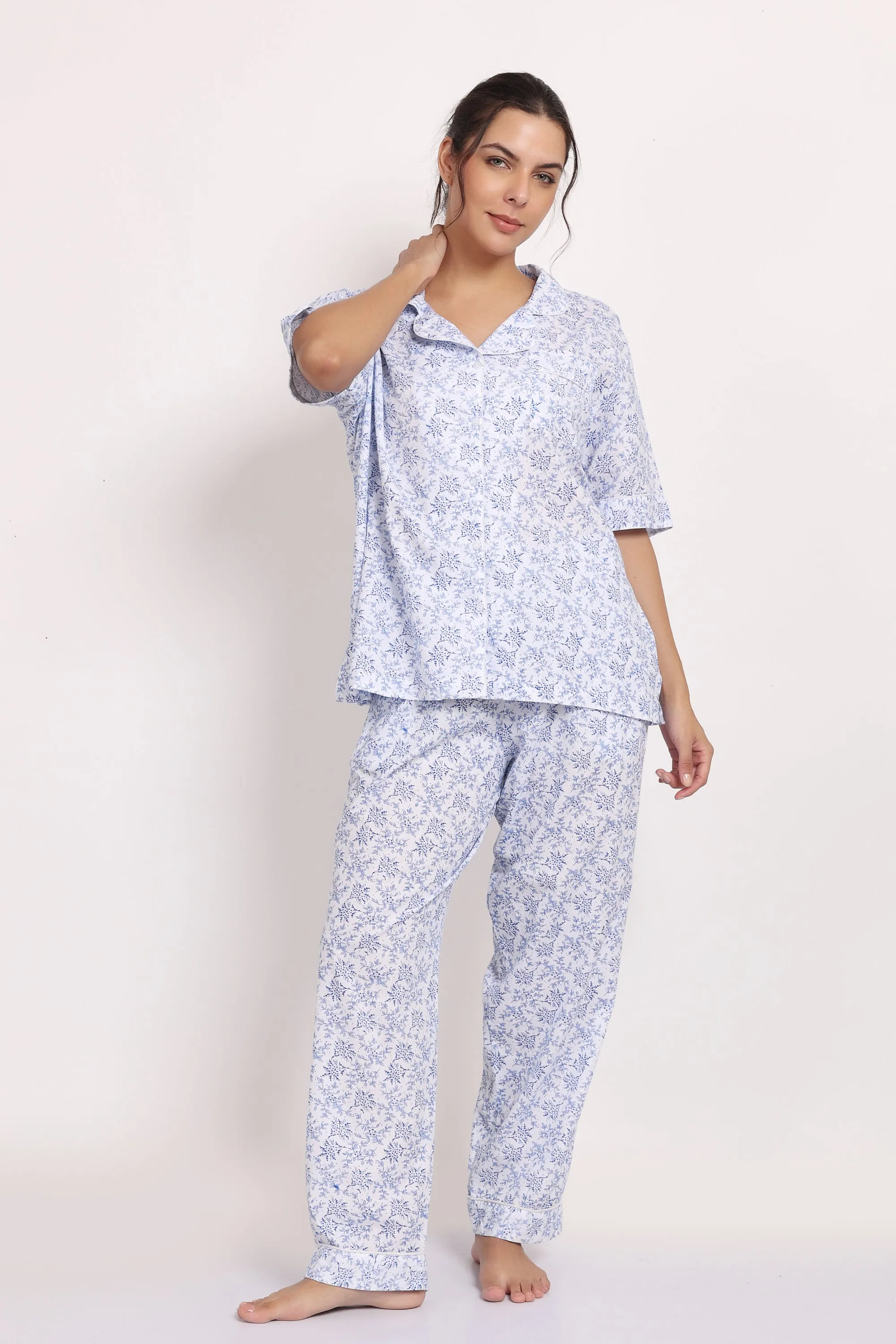 Hamptons Shortsleeve Long PJ Set White/Navy Floral