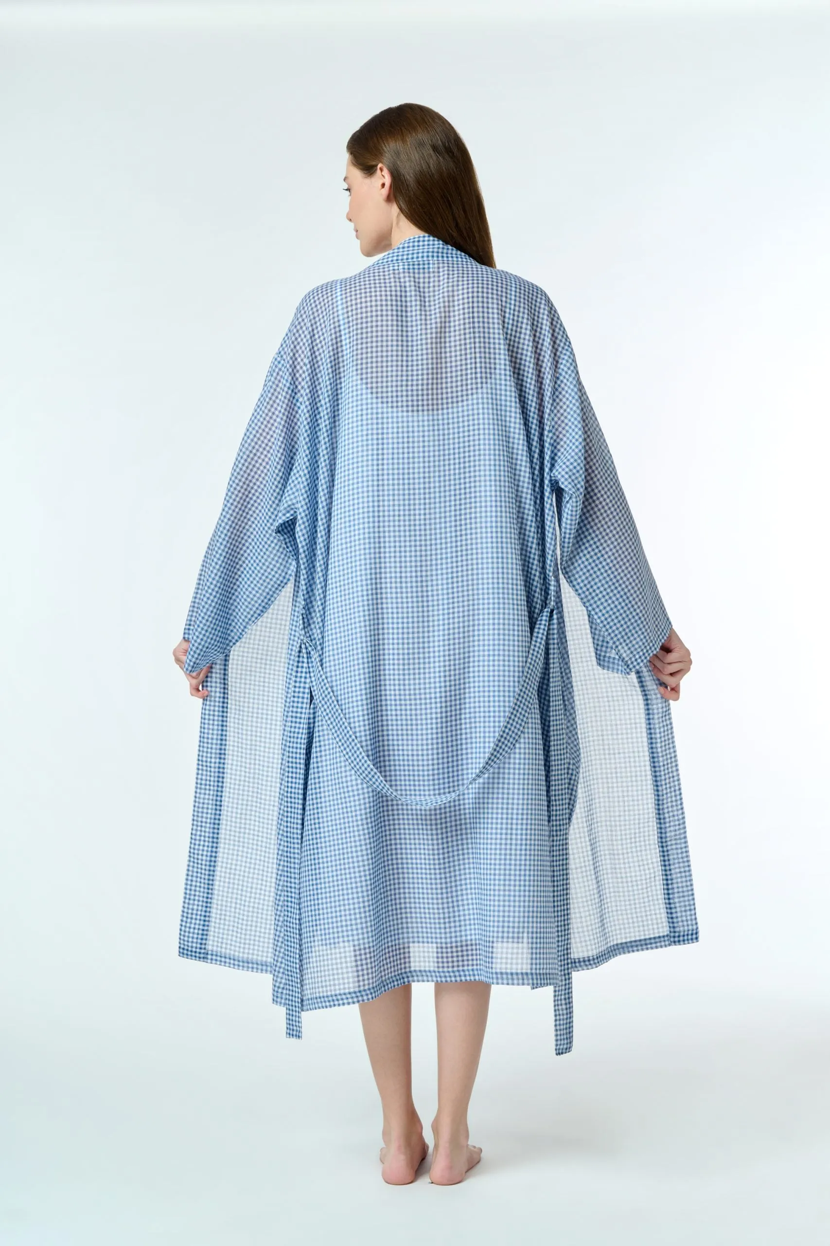 Hand Loomed Cotton Robe Navy Gingham