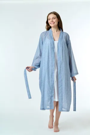 Hand Loomed Cotton Robe Navy Gingham