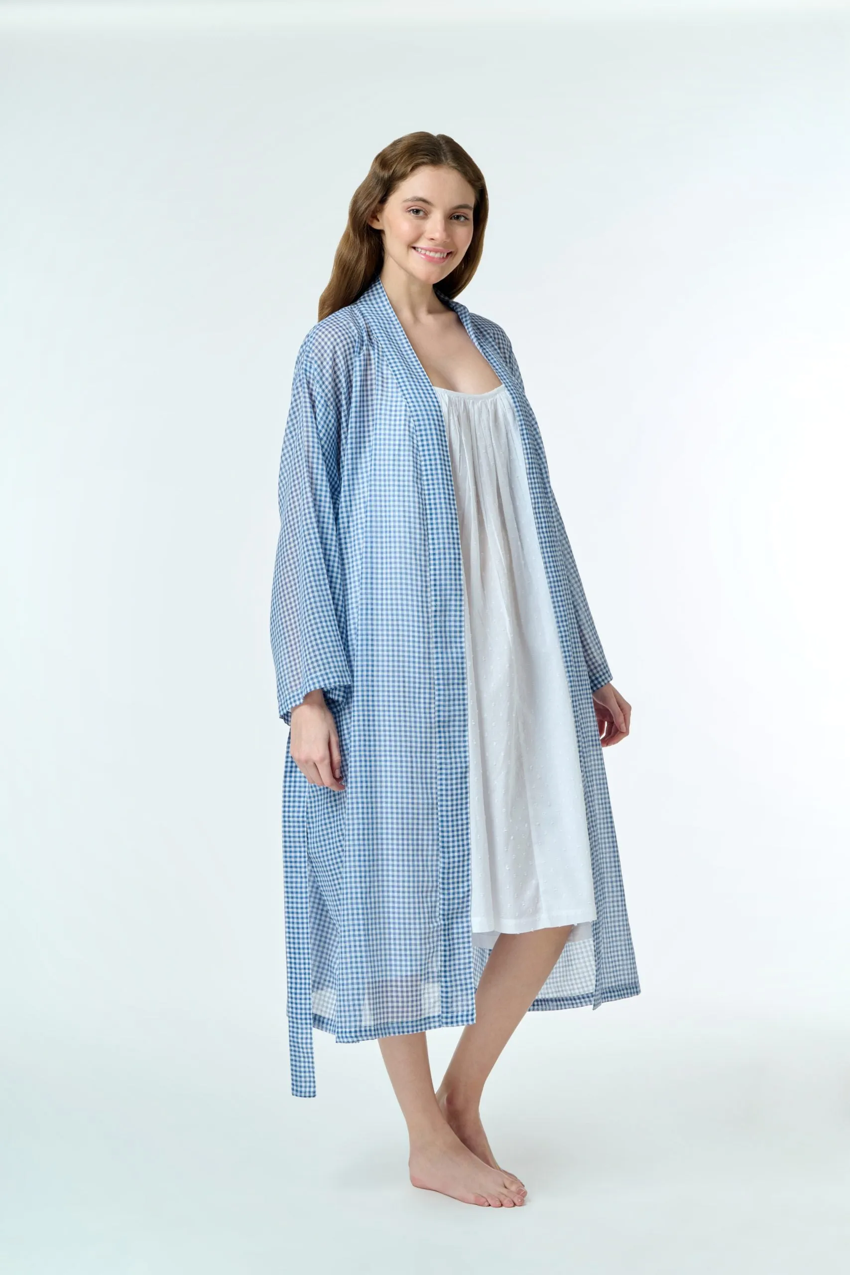 Hand Loomed Cotton Robe Navy Gingham