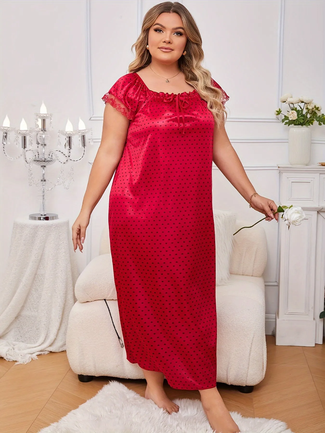 Heartfelt Elegance Plus Size Women's Elegant Nightdress with Allover Heart Print