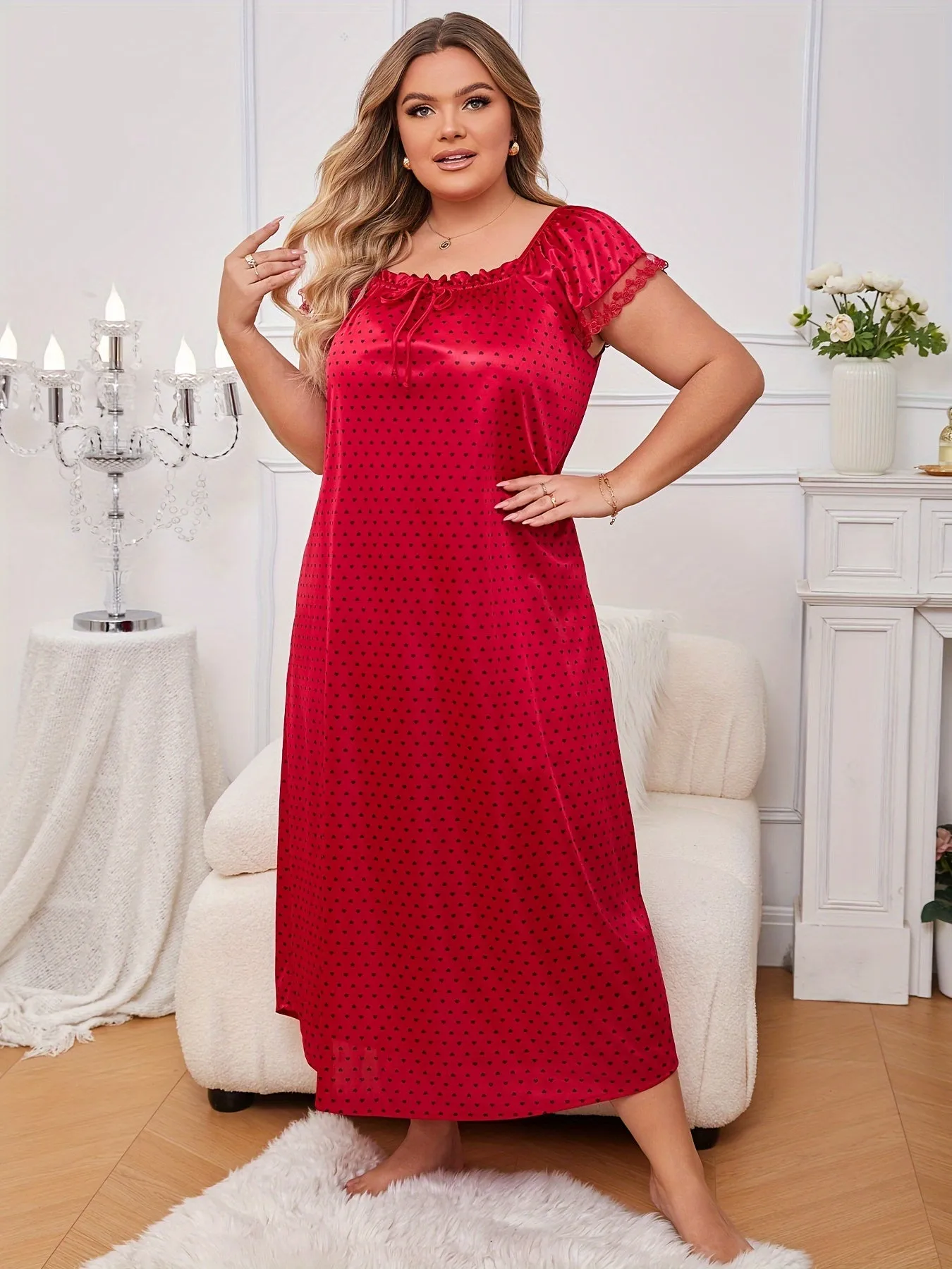 Heartfelt Elegance Plus Size Women's Elegant Nightdress with Allover Heart Print