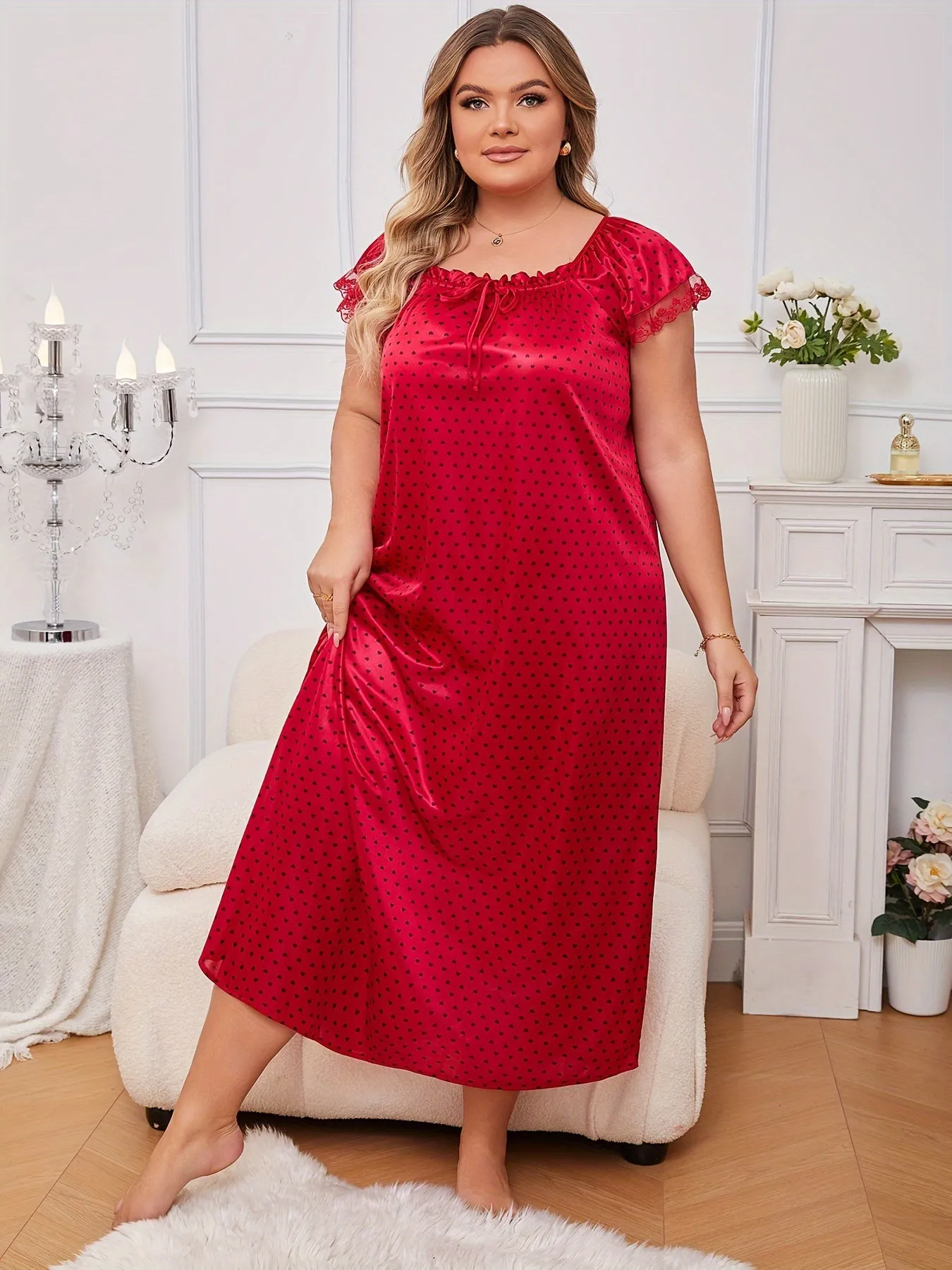 Heartfelt Elegance Plus Size Women's Elegant Nightdress with Allover Heart Print