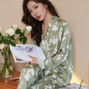 High Quality Women's Pajamas Set Fresh Floral Print Leisure Sleepwear Silk Like Long Homewear Nightwear Femme Petite