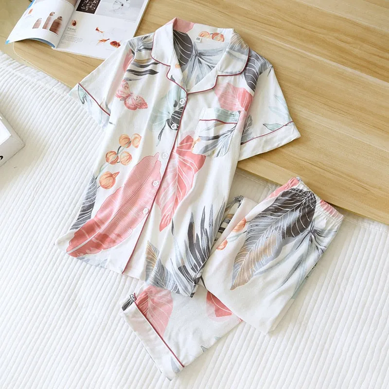 High Quality Women's Pajamas Set Fresh Leaves Print Sleepwear Natural Cotton Nightwear Leisure Home Clothes for Summer