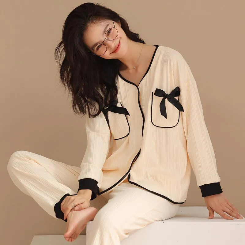 High Quality Women's Pajamas Set Houndstooth Ins Style Sleepwear Cotton V Neck Homewear Casual Nightwear пижама женская