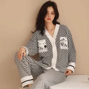 High Quality Women's Pajamas Set Houndstooth Ins Style Sleepwear Cotton V Neck Homewear Casual Nightwear пижама женская