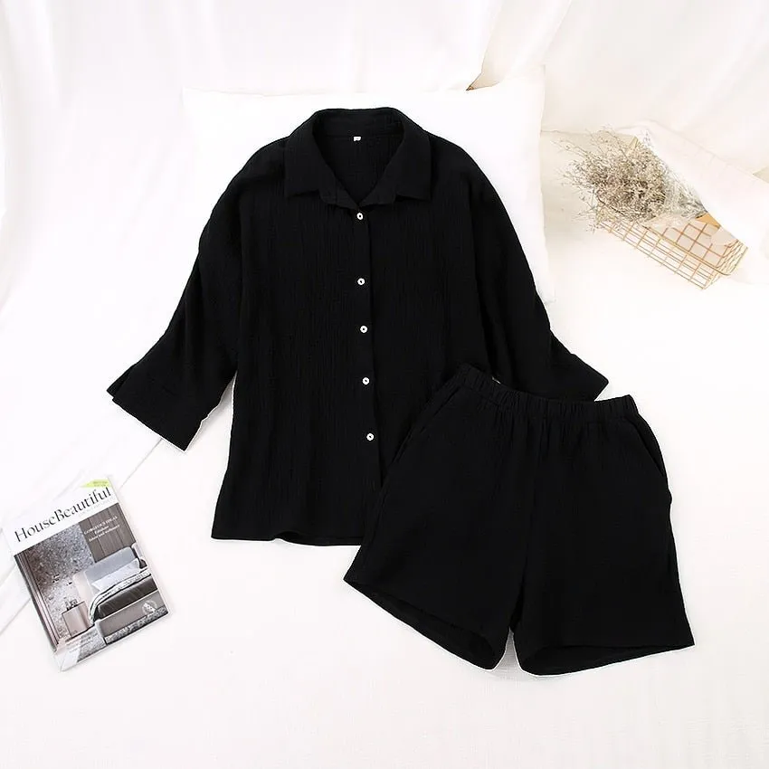 HiLoc Casual Sleepwear Cotton Pajamas For Women Sets Suit Turn-Down Collar Nine Quarter Sleeve Sleep Tops Shorts Female Homewear