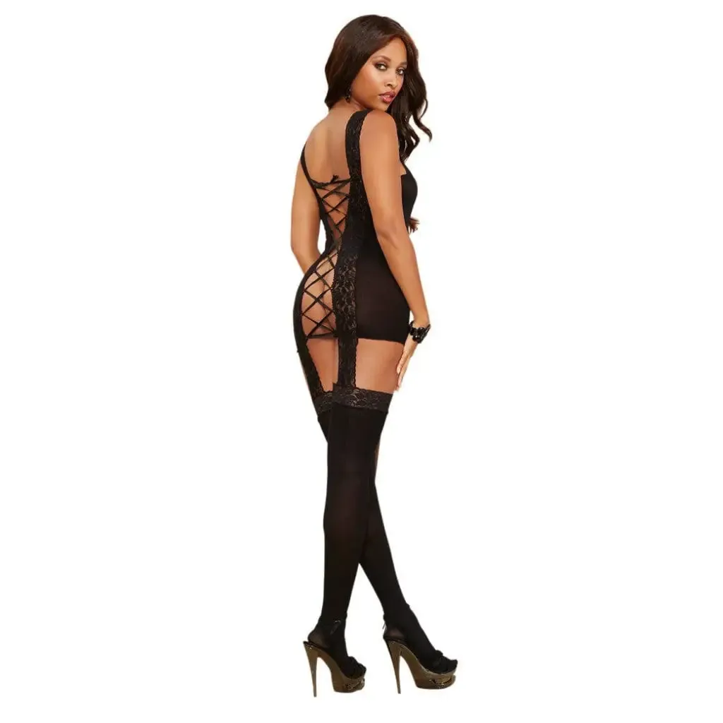 Lace Up Back Garder Dress Attached Stocking