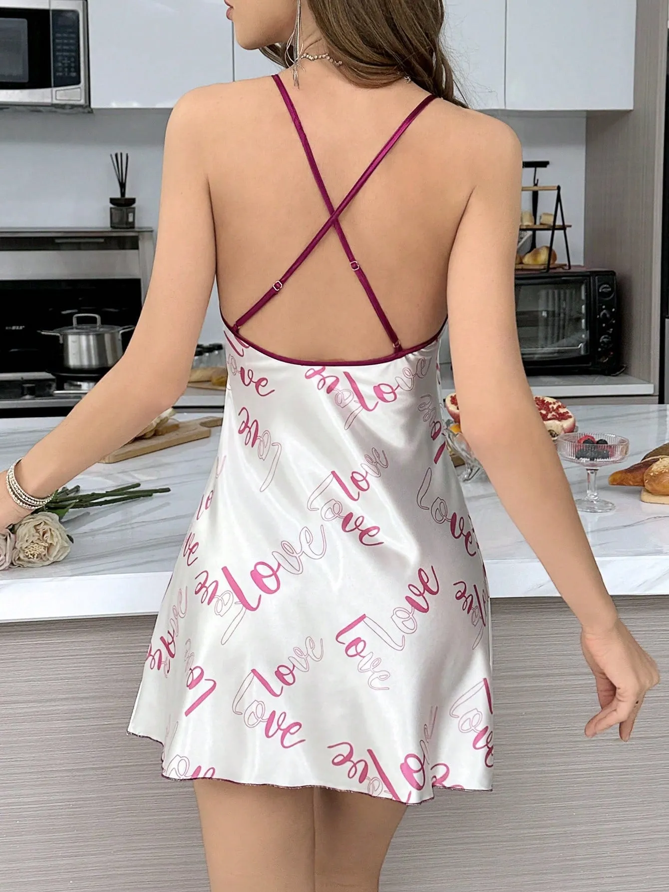 Ladies Sleepwear Dress With Cross Straps, Letter Printing And Open Back Design