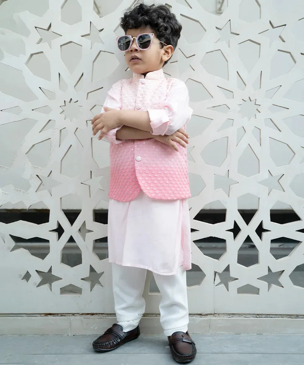 Light Pink Colored Kurta Pajama Set with Embroidered Jacket