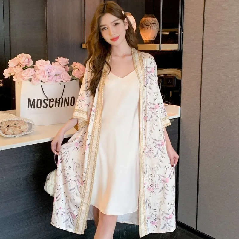 Long Imitation Silk Floral Pajamas Women's Spring Autumn Suspender Robe Two-piece Suit Satin Chiffon Sexy Home Clothes