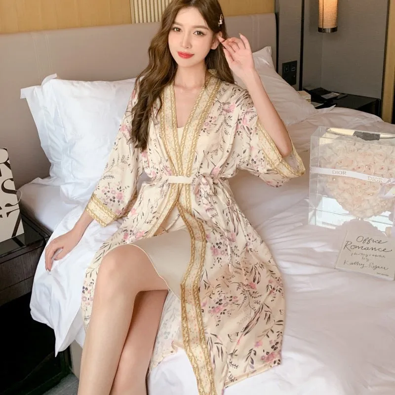 Long Imitation Silk Floral Pajamas Women's Spring Autumn Suspender Robe Two-piece Suit Satin Chiffon Sexy Home Clothes