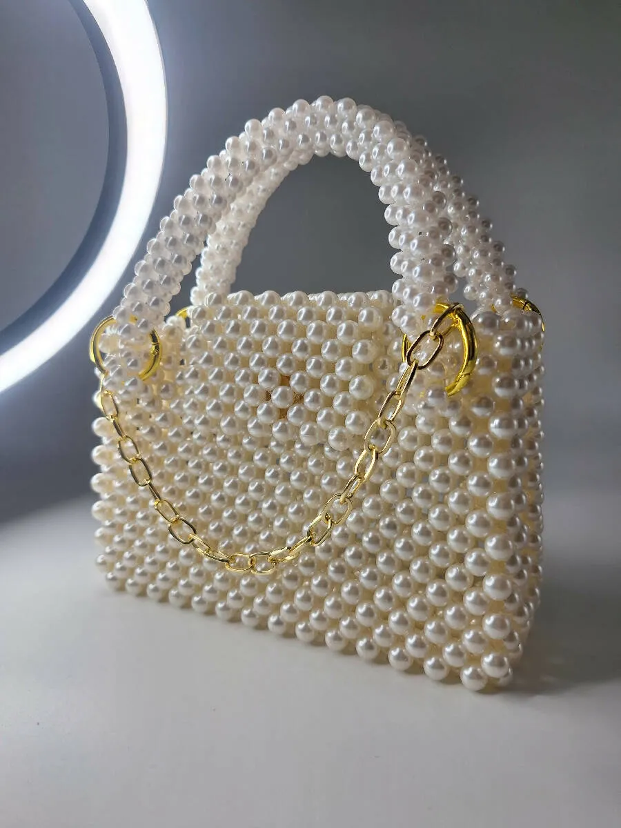 Lulua Stitches Handmade Off-White Pearl Beaded Bag