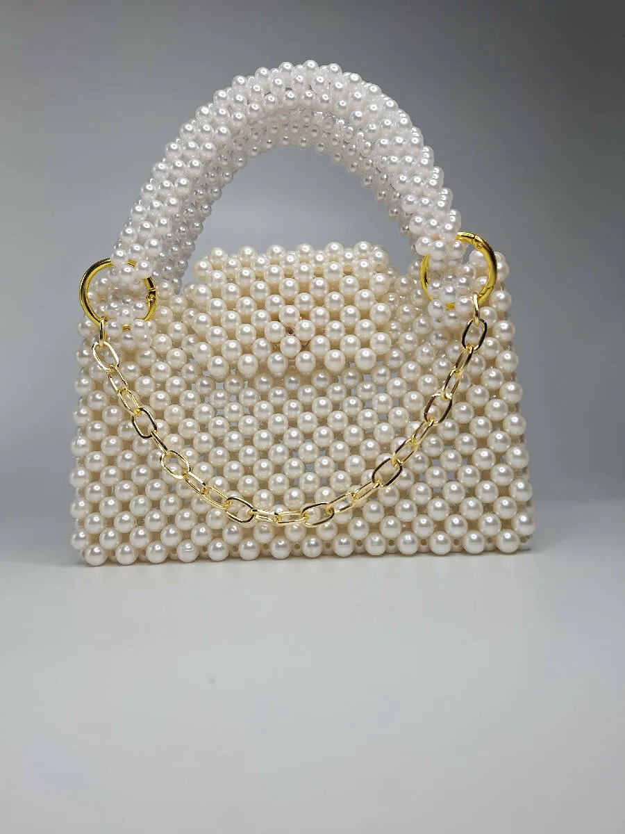 Lulua Stitches Handmade Off-White Pearl Beaded Bag