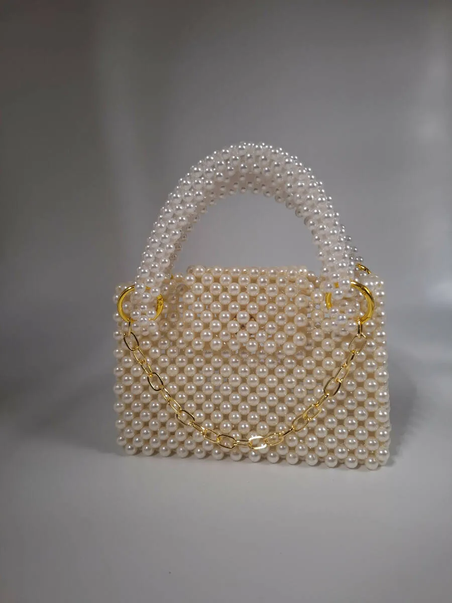 Lulua Stitches Handmade Off-White Pearl Beaded Bag