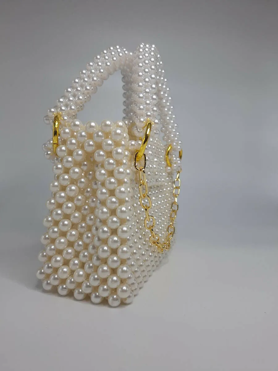 Lulua Stitches Handmade Off-White Pearl Beaded Bag