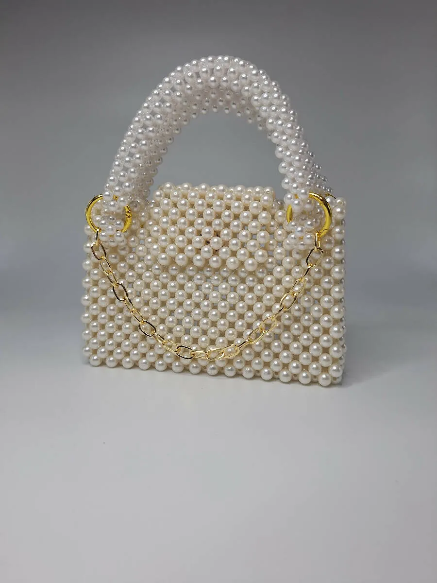 Lulua Stitches Handmade Off-White Pearl Beaded Bag