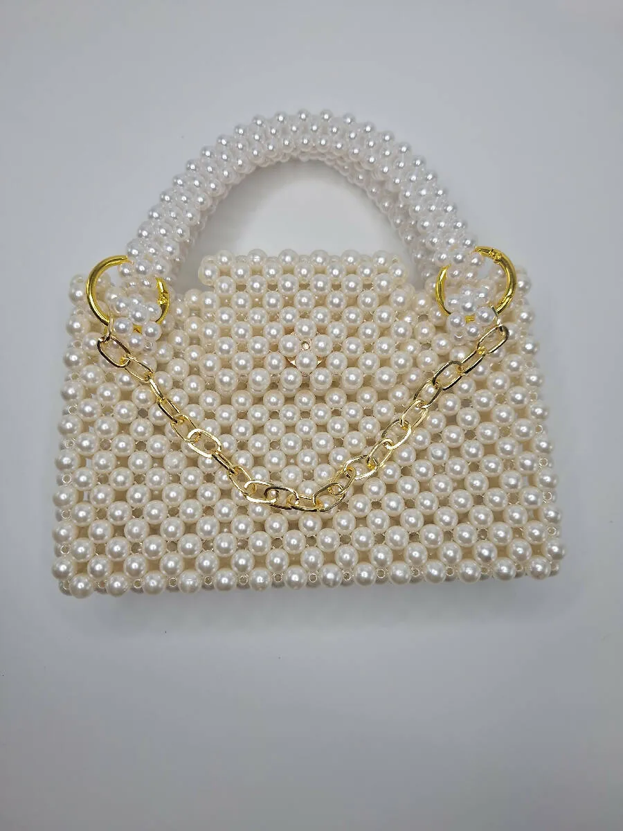 Lulua Stitches Handmade Off-White Pearl Beaded Bag