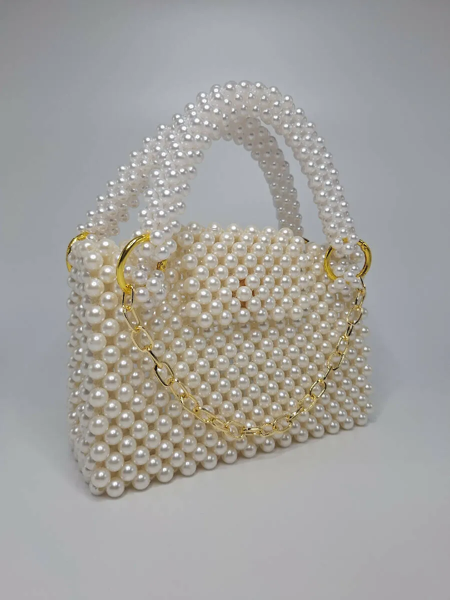 Lulua Stitches Handmade Off-White Pearl Beaded Bag