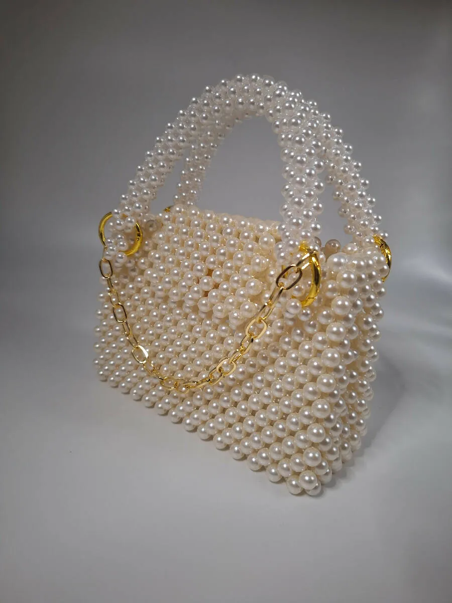 Lulua Stitches Handmade Off-White Pearl Beaded Bag