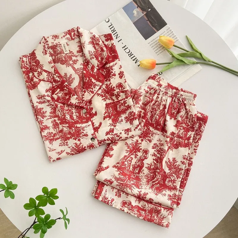 Luxury Red Maple Leaf Printed Women's Pajamas Spring Autumn Long Sleeved Pants Casual Floral Home Clothing Set