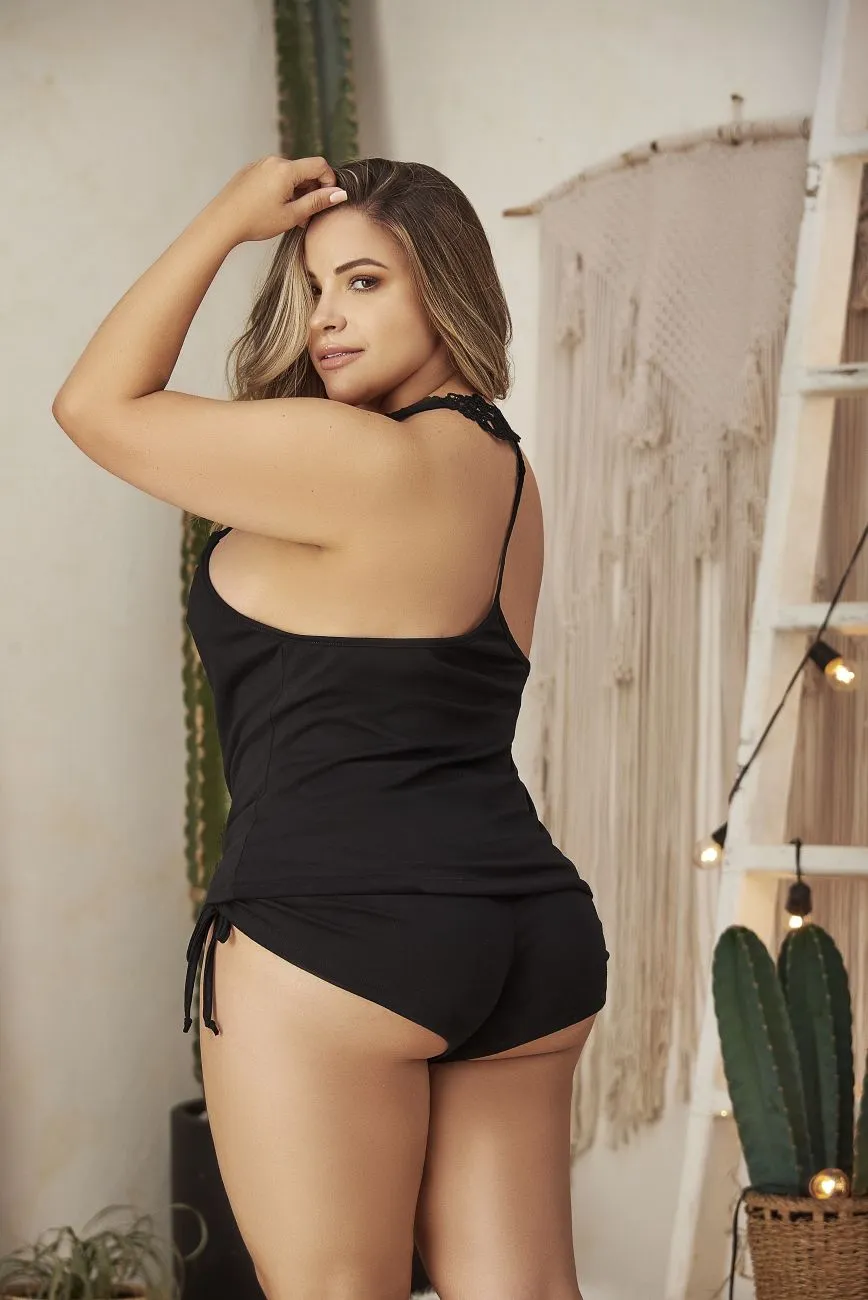 Mapale 7095X Curvy Size Two Piece Pajamas Set. Top and Shorts Color Black