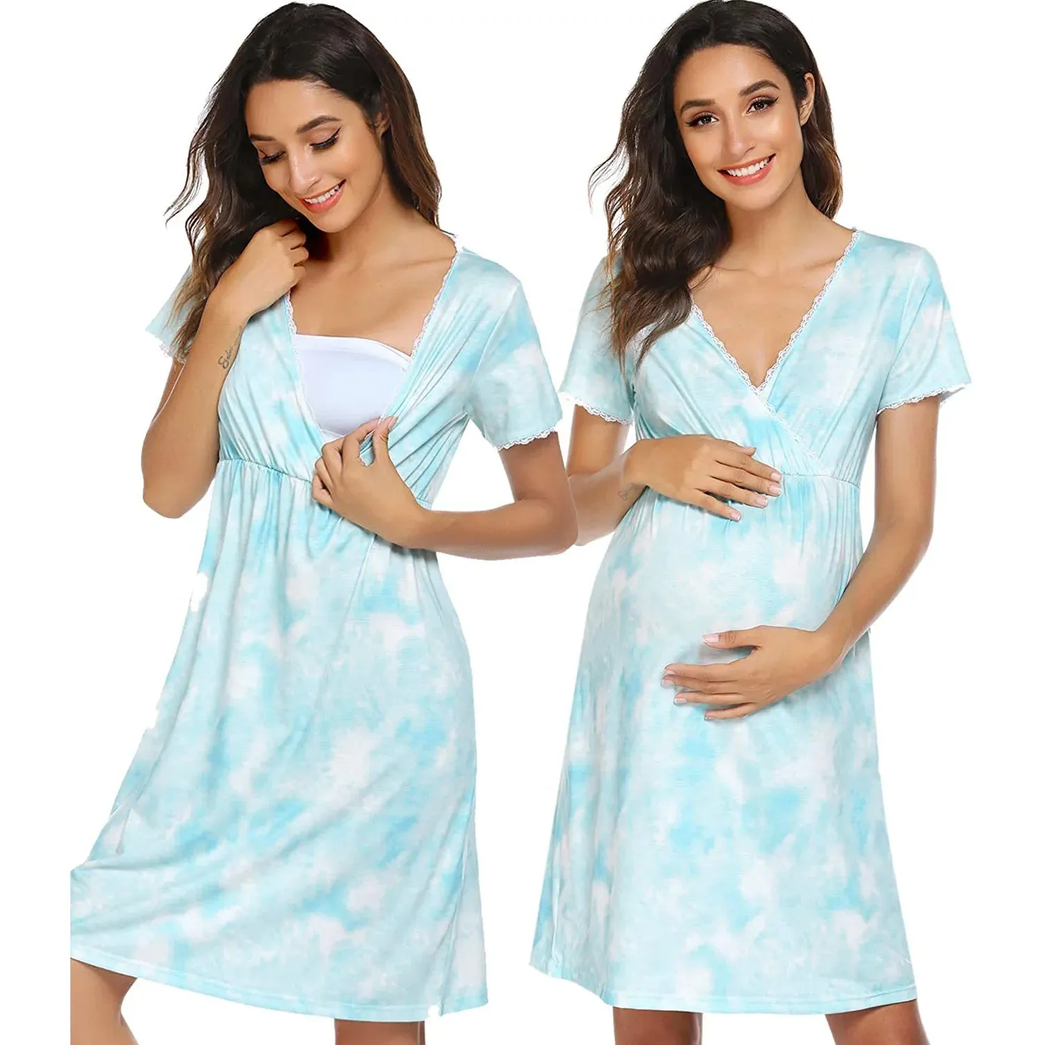 Maternity Sleepwear Women 3 in 1 Delivery/Labor/Nursing Nightgown Short Sleeve Pleated Breastfeeding Sleep Dress Ropa Mujer