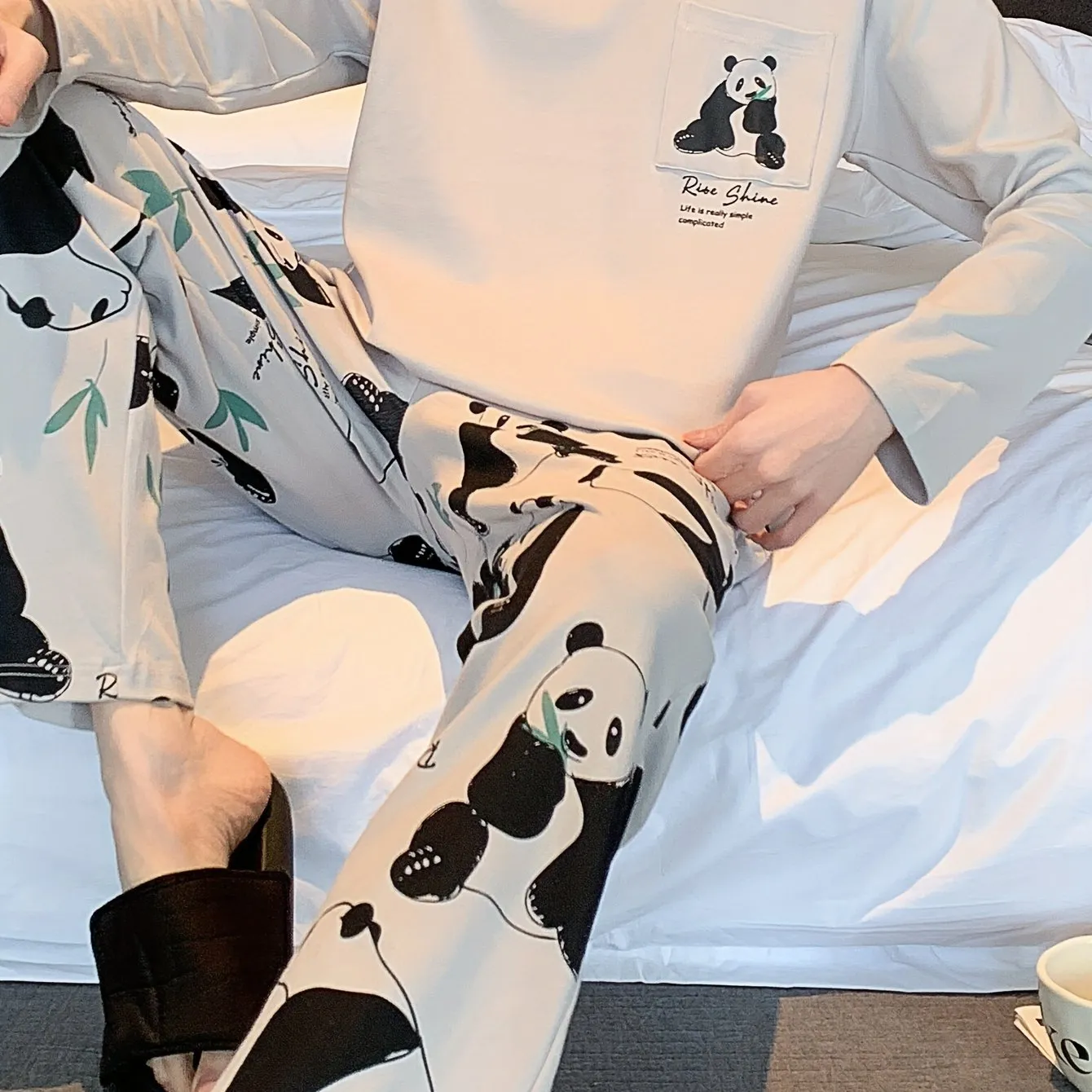 Men's Simple Style Casual Pajamas Sets, Cute Panda Graphic Print Long Sleeve Crew Neck Top & Loose Pants Lounge Wear, Outdoor Sets For Spring Autumn