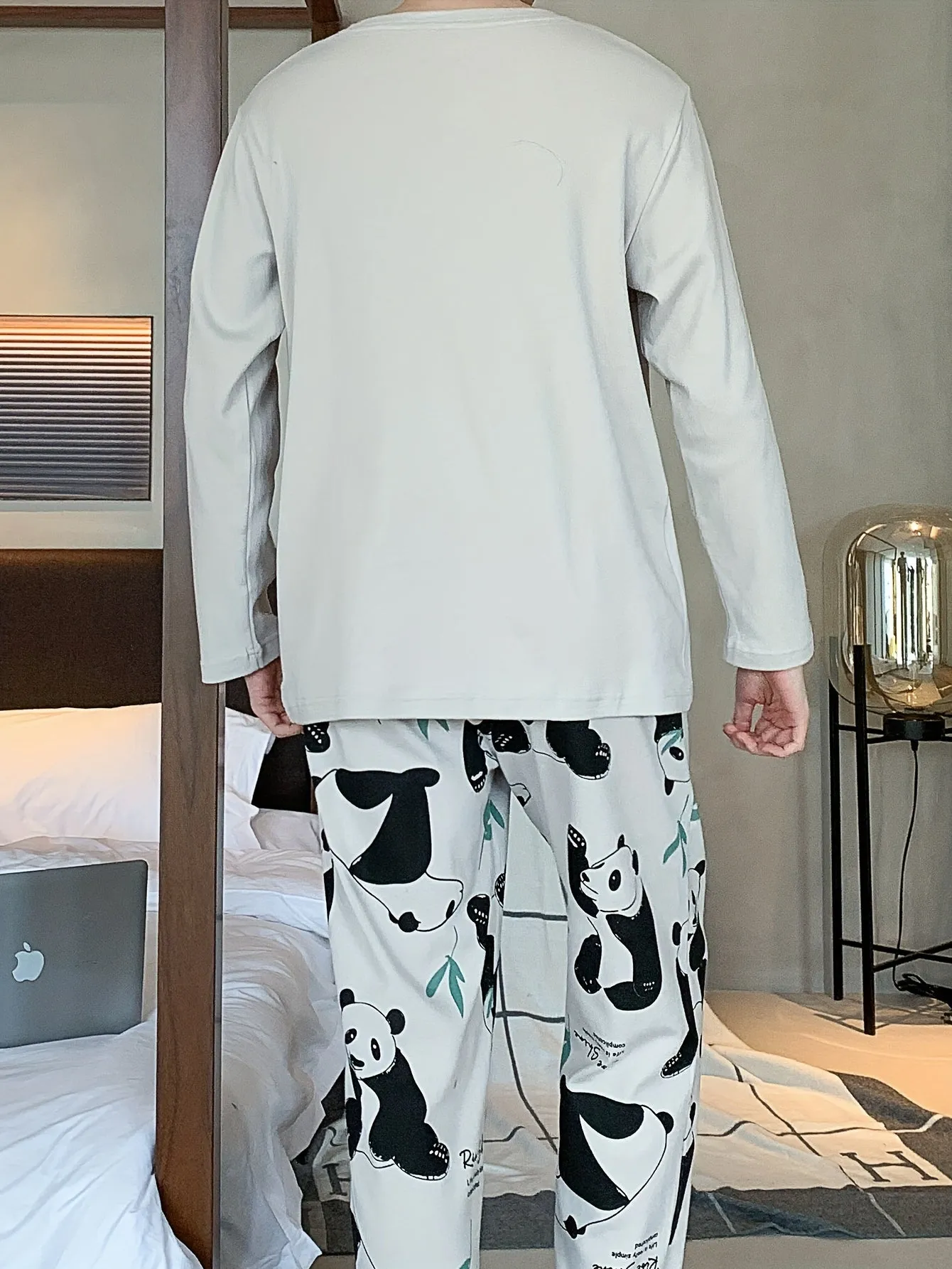 Men's Simple Style Casual Pajamas Sets, Cute Panda Graphic Print Long Sleeve Crew Neck Top & Loose Pants Lounge Wear, Outdoor Sets For Spring Autumn