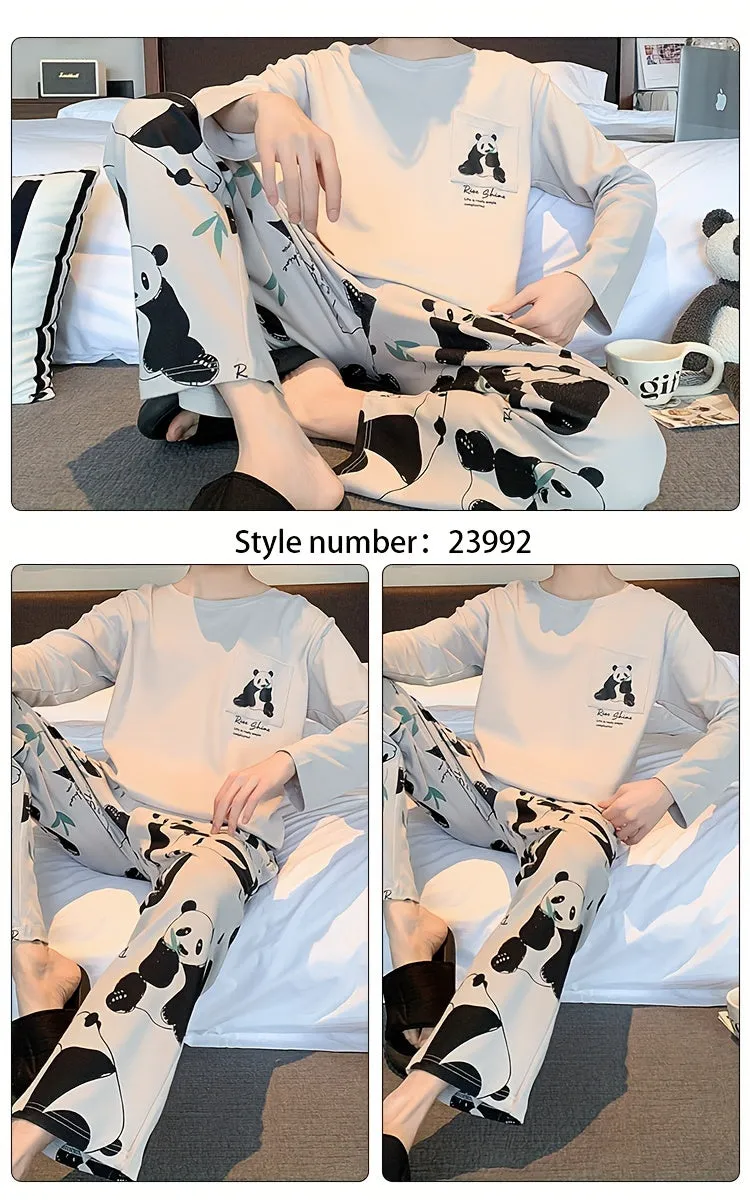 Men's Simple Style Casual Pajamas Sets, Cute Panda Graphic Print Long Sleeve Crew Neck Top & Loose Pants Lounge Wear, Outdoor Sets For Spring Autumn