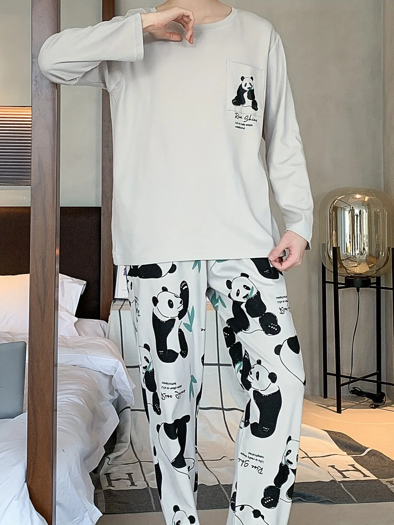 Men's Simple Style Casual Pajamas Sets, Cute Panda Graphic Print Long Sleeve Crew Neck Top & Loose Pants Lounge Wear, Outdoor Sets For Spring Autumn