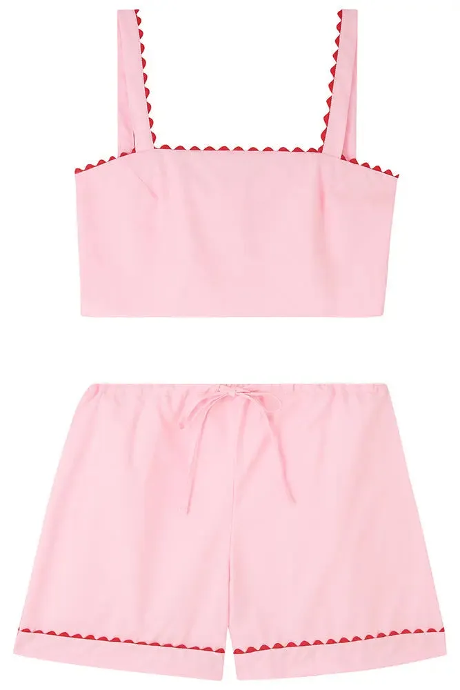 Pale Pink Crop Top and Shorts Matching Set With Red Ric Rac Trim - 100% Cotton Poplin