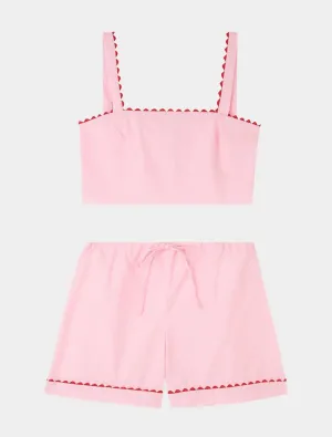 Pale Pink Crop Top and Shorts Matching Set With Red Ric Rac Trim - 100% Cotton Poplin