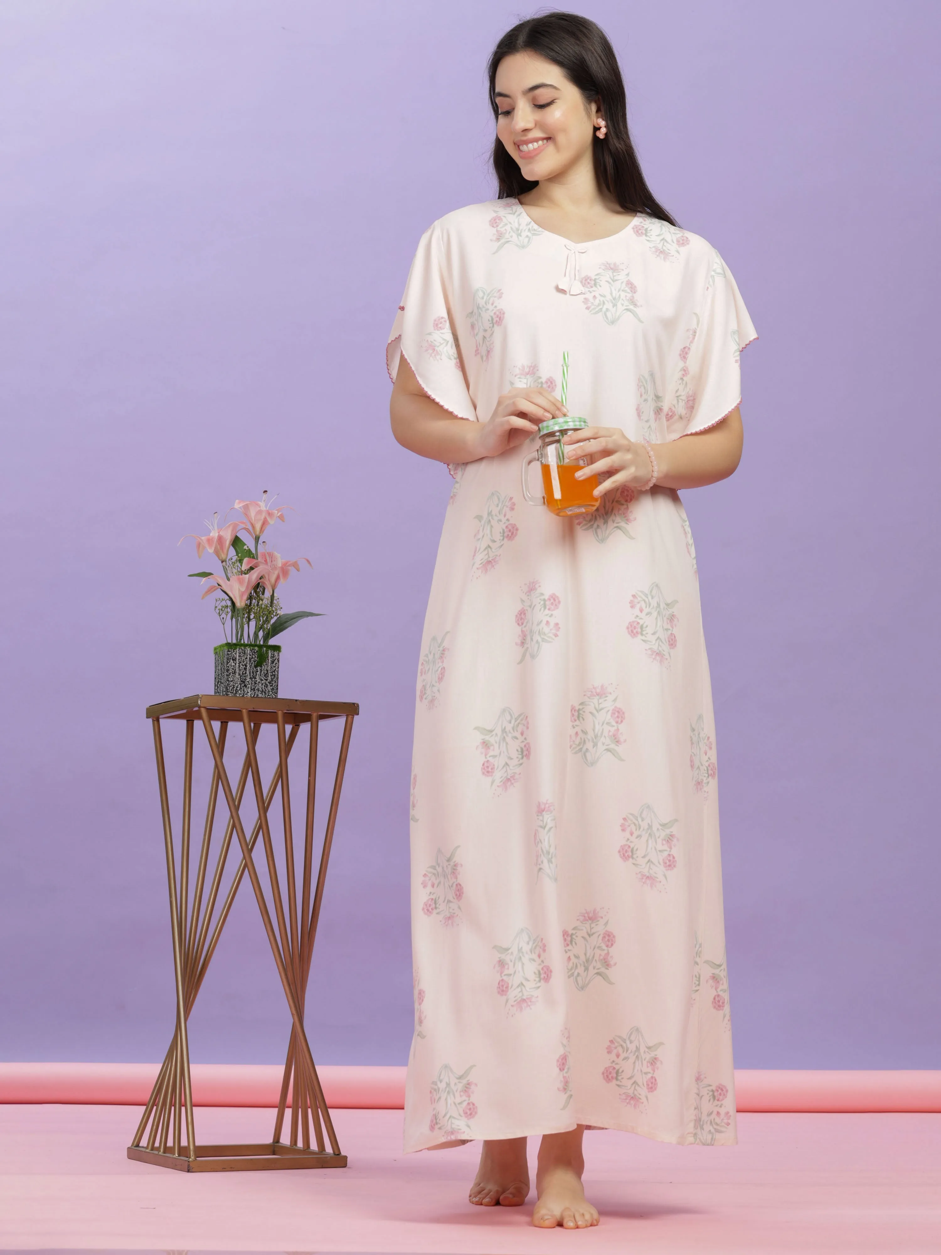 Pastel Pink Rayon Floral Nighty | Comfortable Kaftan Sleeves Maxi Gown