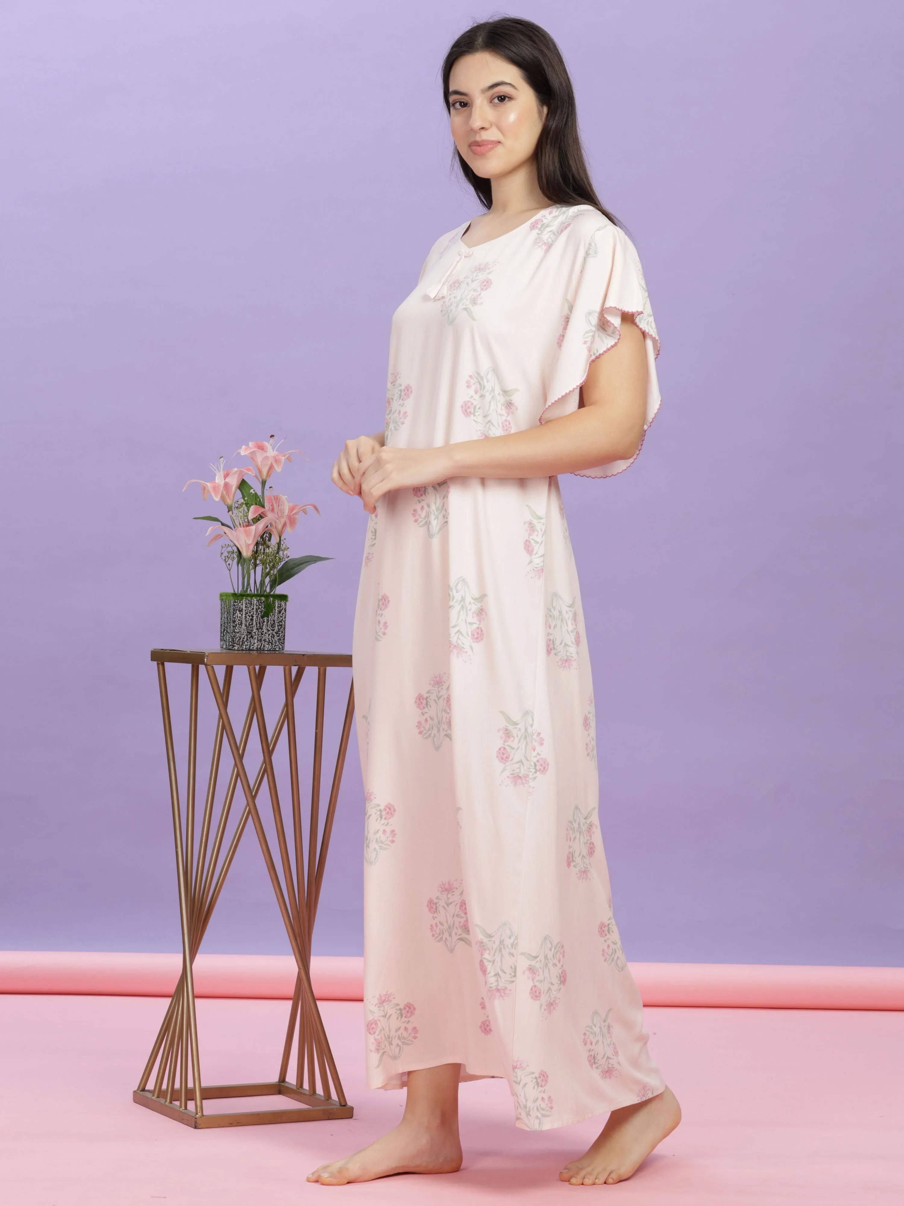 Pastel Pink Rayon Floral Nighty | Comfortable Kaftan Sleeves Maxi Gown