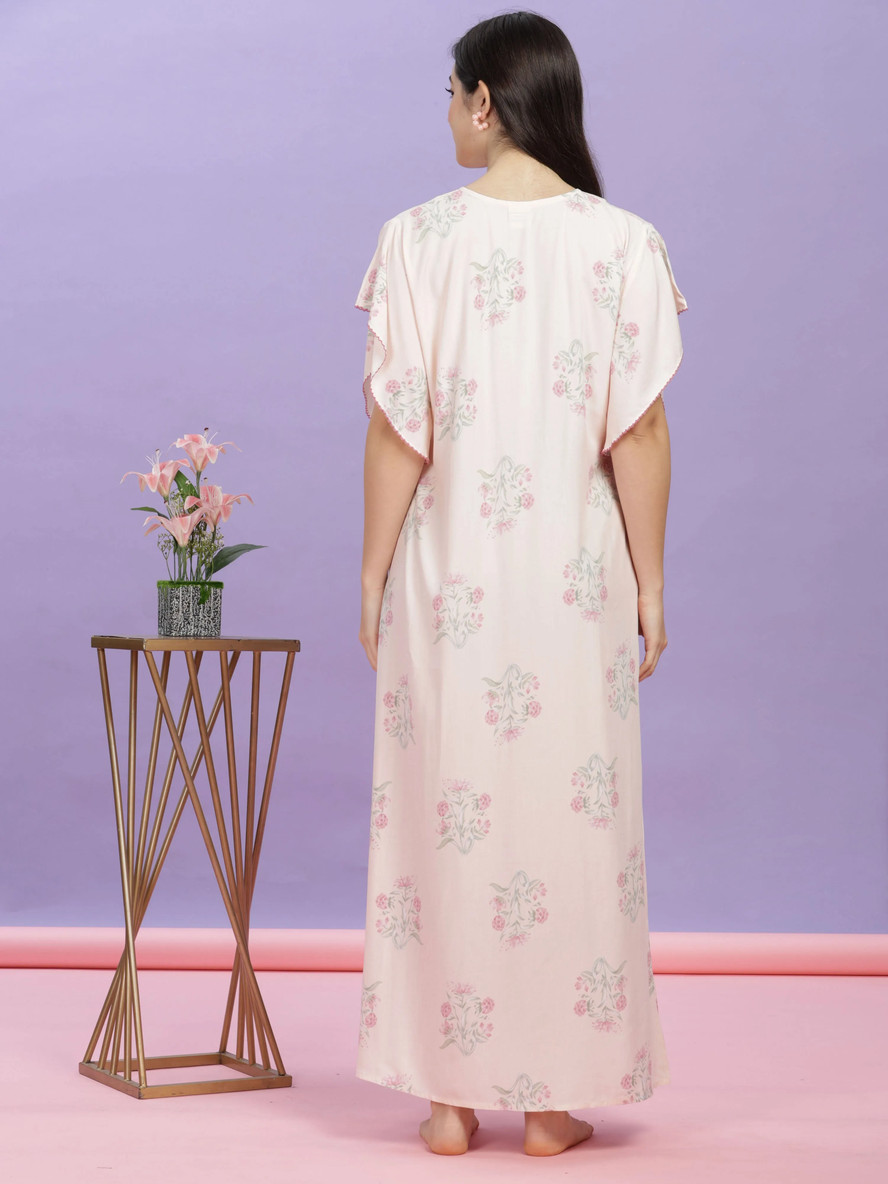 Pastel Pink Rayon Floral Nighty | Comfortable Kaftan Sleeves Maxi Gown