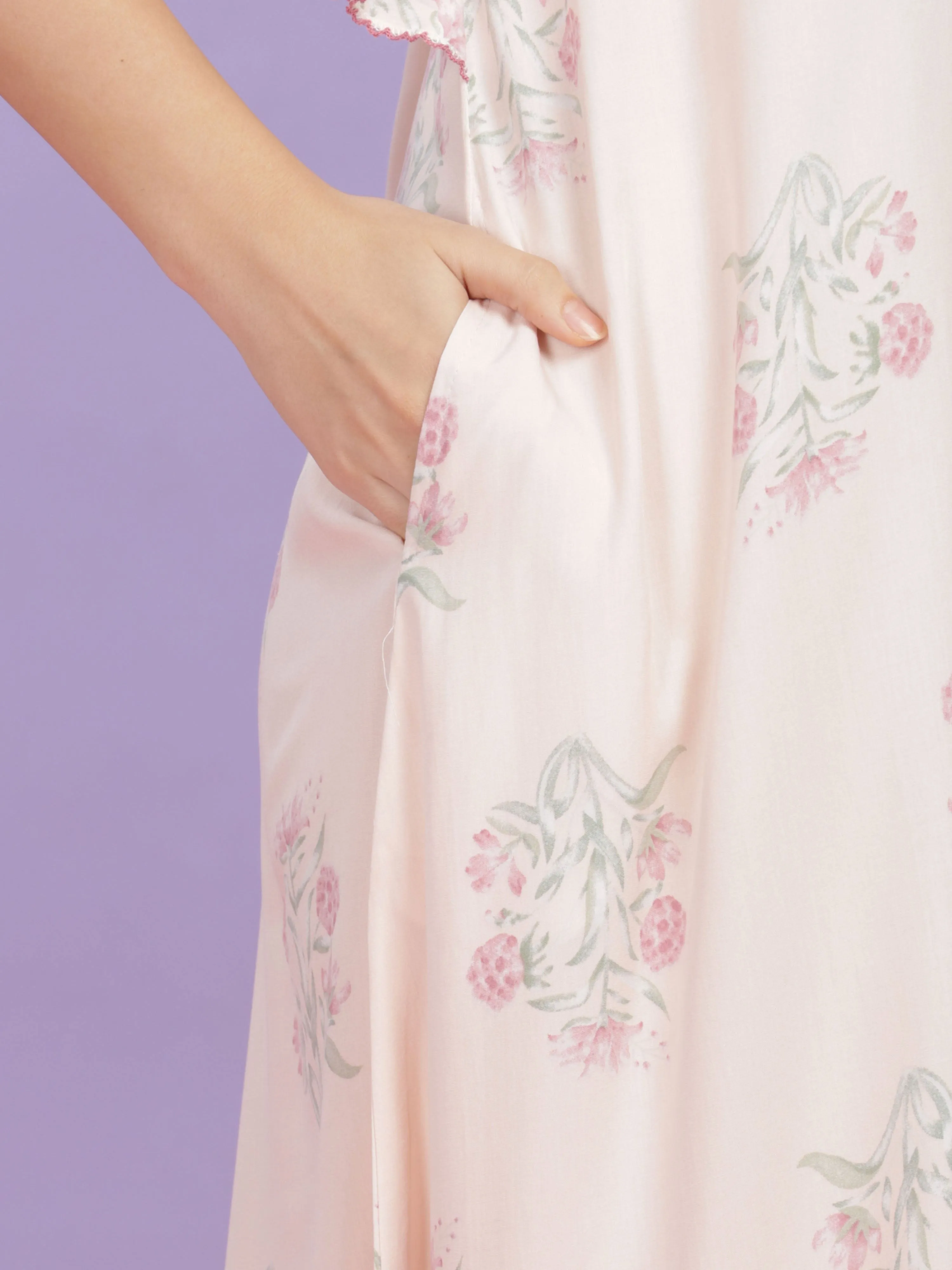 Pastel Pink Rayon Floral Nighty | Comfortable Kaftan Sleeves Maxi Gown