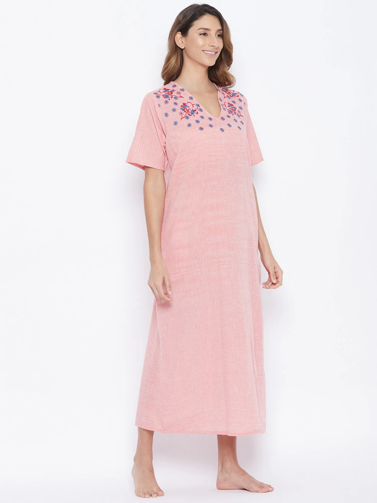 Pastel Red Cotton Nightdress with Embroidered Neckline (Final Sale)