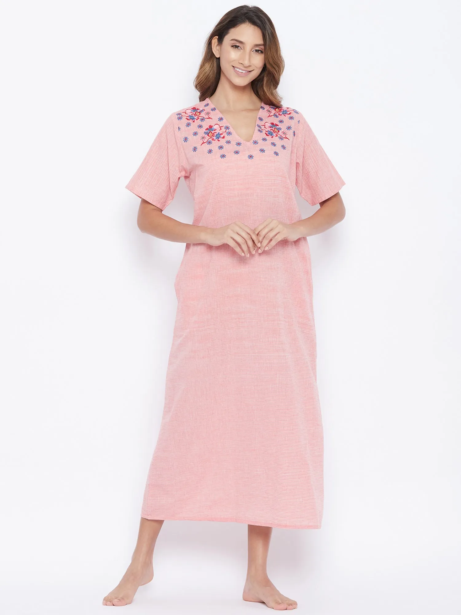 Pastel Red Cotton Nightdress with Embroidered Neckline (Final Sale)