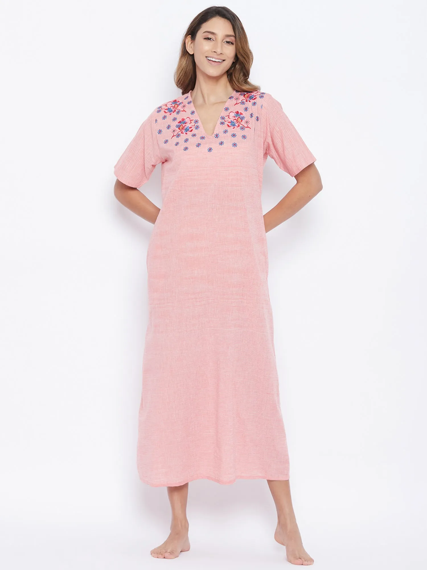 Pastel Red Cotton Nightdress with Embroidered Neckline (Final Sale)