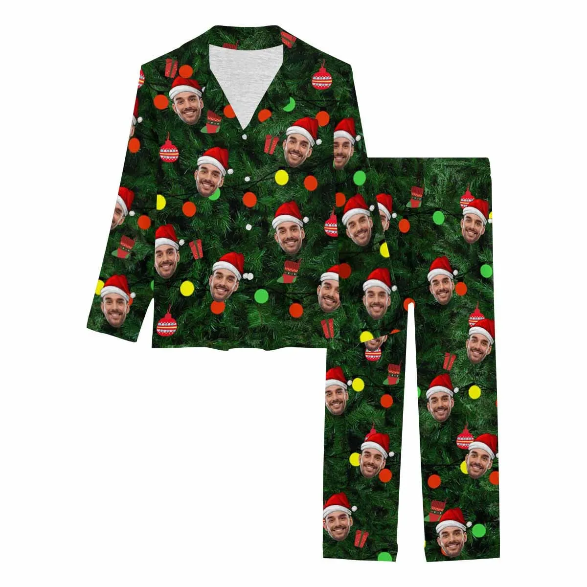 Personalized Couple Matching Long Pajama Set Custom Face Christmas Green Sleepwear Slumber Party