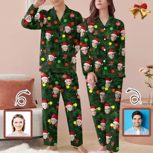 Personalized Couple Matching Long Pajama Set Custom Face Christmas Green Sleepwear Slumber Party