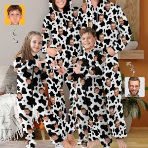 Personalized Hooded Onesie for Family Custom Face Cow Pattern Zip Jumpsuits with Pocket One-piece Pajamas for Adult kids