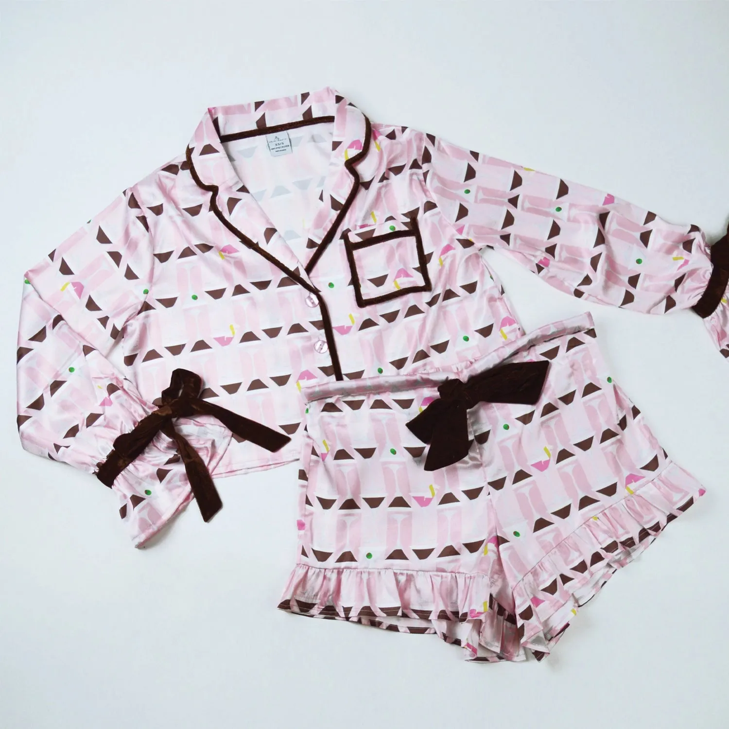 Pink Martini Satin Ruffle Short Pj Set Multi