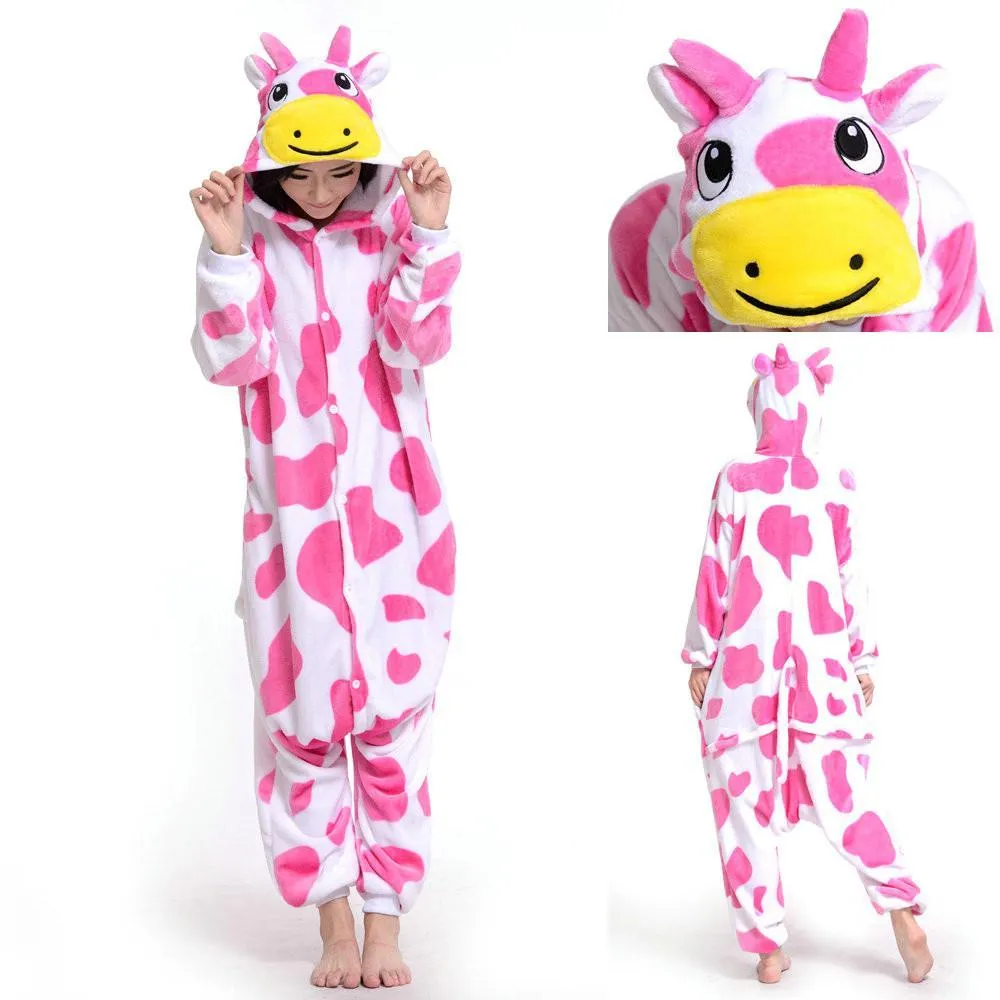 Pink Milk Cow Kigurumi Pajamas Hoodie Animal Costume Onesies